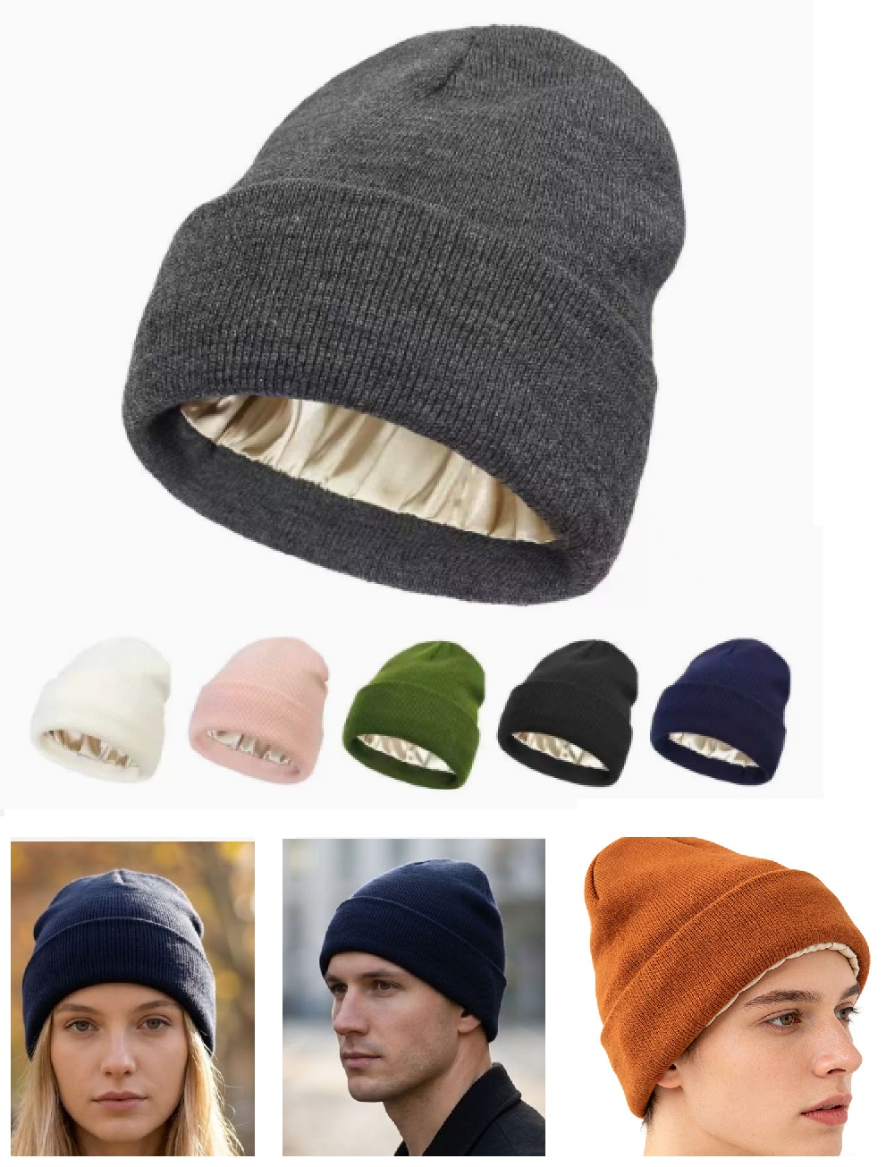 Unisex Satin Lined Knit Beanie - Beanie Cuffed Knit ulasan dan harga